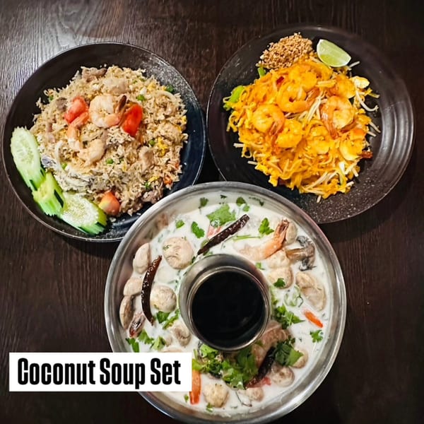 Three Thai dishes: shrimp fried rice, pad Thai with shrimp, and a coconut soup hot pot.