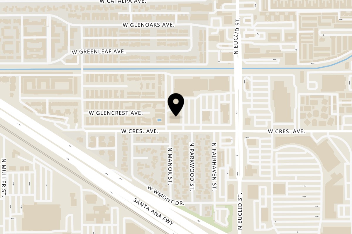 Map showing the location of You & I Thai Cuisine on 623 N Euclid St in Anaheim